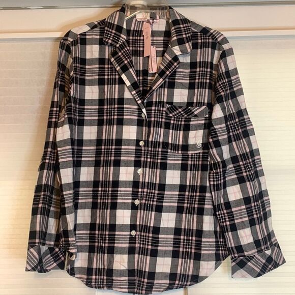 Victoria’s Secret Pink Black Silver Plaid Pajama Top Small New - Picture 1 of 7